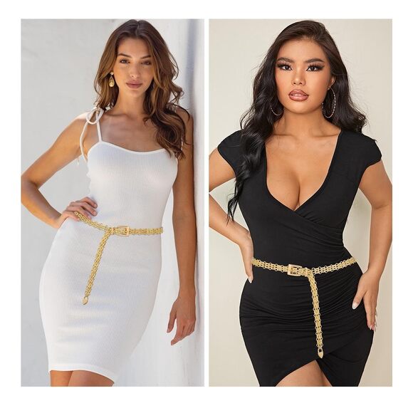 Women Belt Chain Gold Braided Chain Metal Belt Fashion Waist Accessory 1849 - Picture 2 of 7